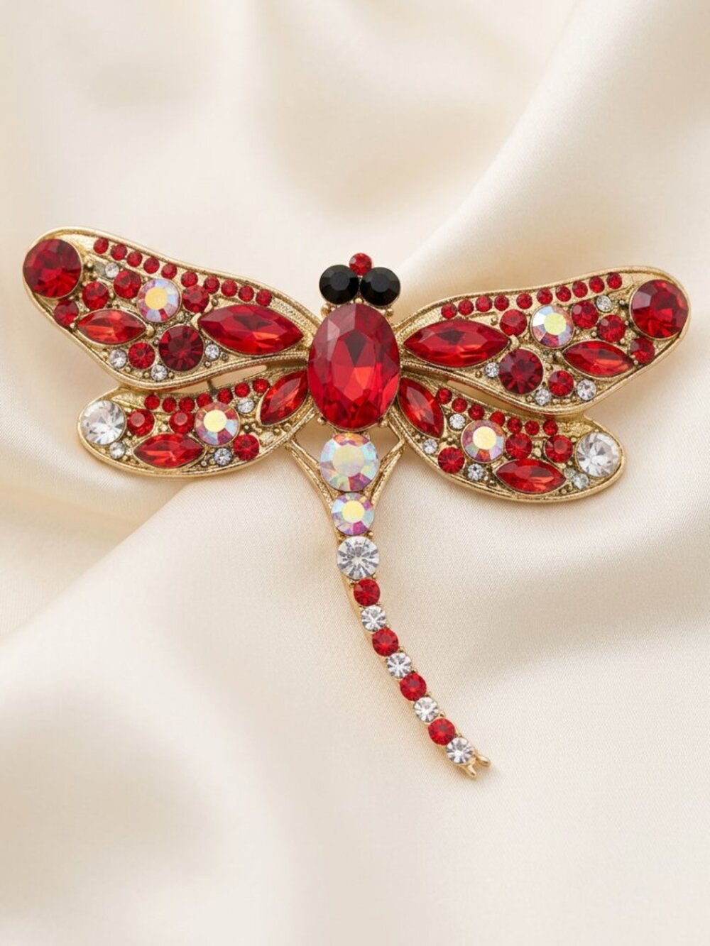 Dragonfly Red Rhinestone  Brooch Large Modern Gold Tone Insect Pin Statement Jew
